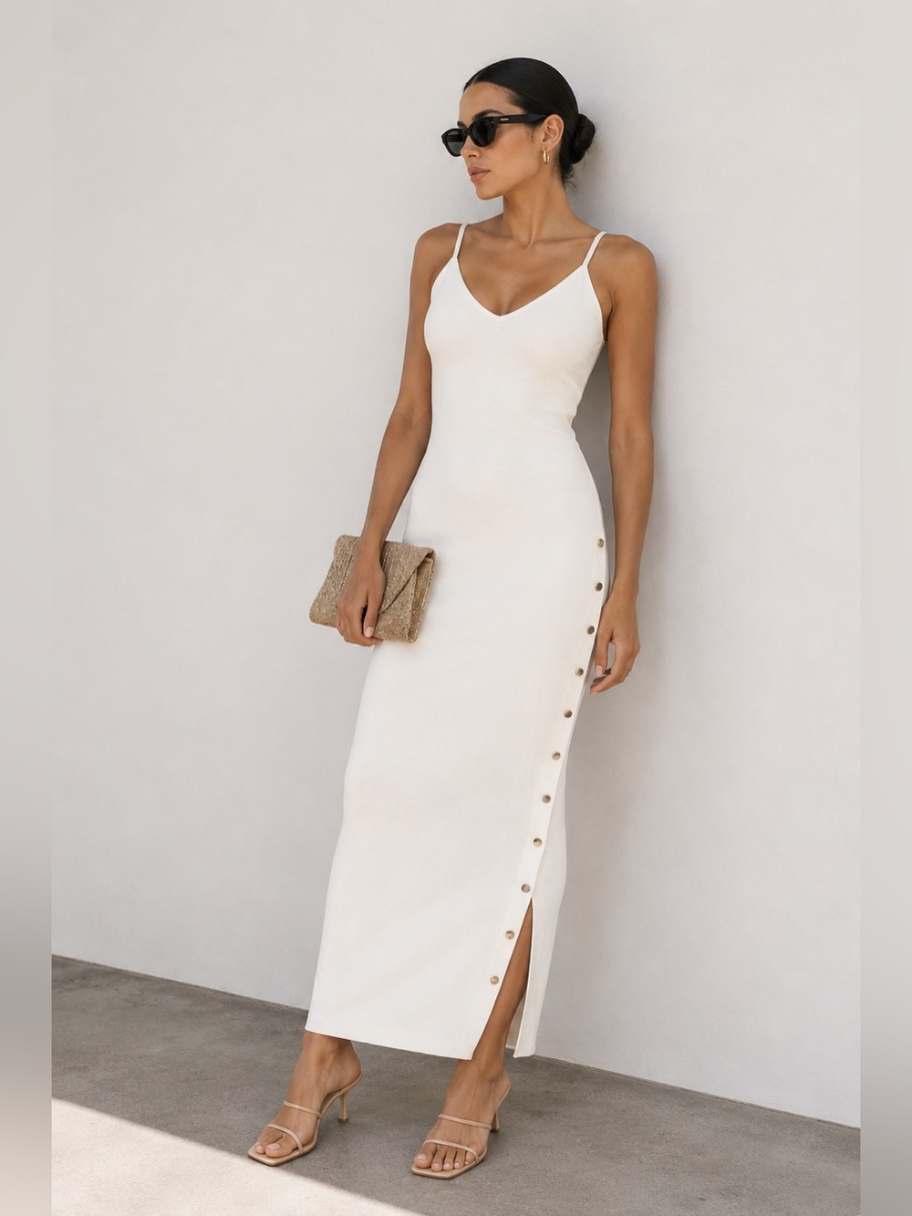 Blogger favorite SLEEVELESS V-NECK SIDE SLIT RIBBED BODYCON MAXI DRESS